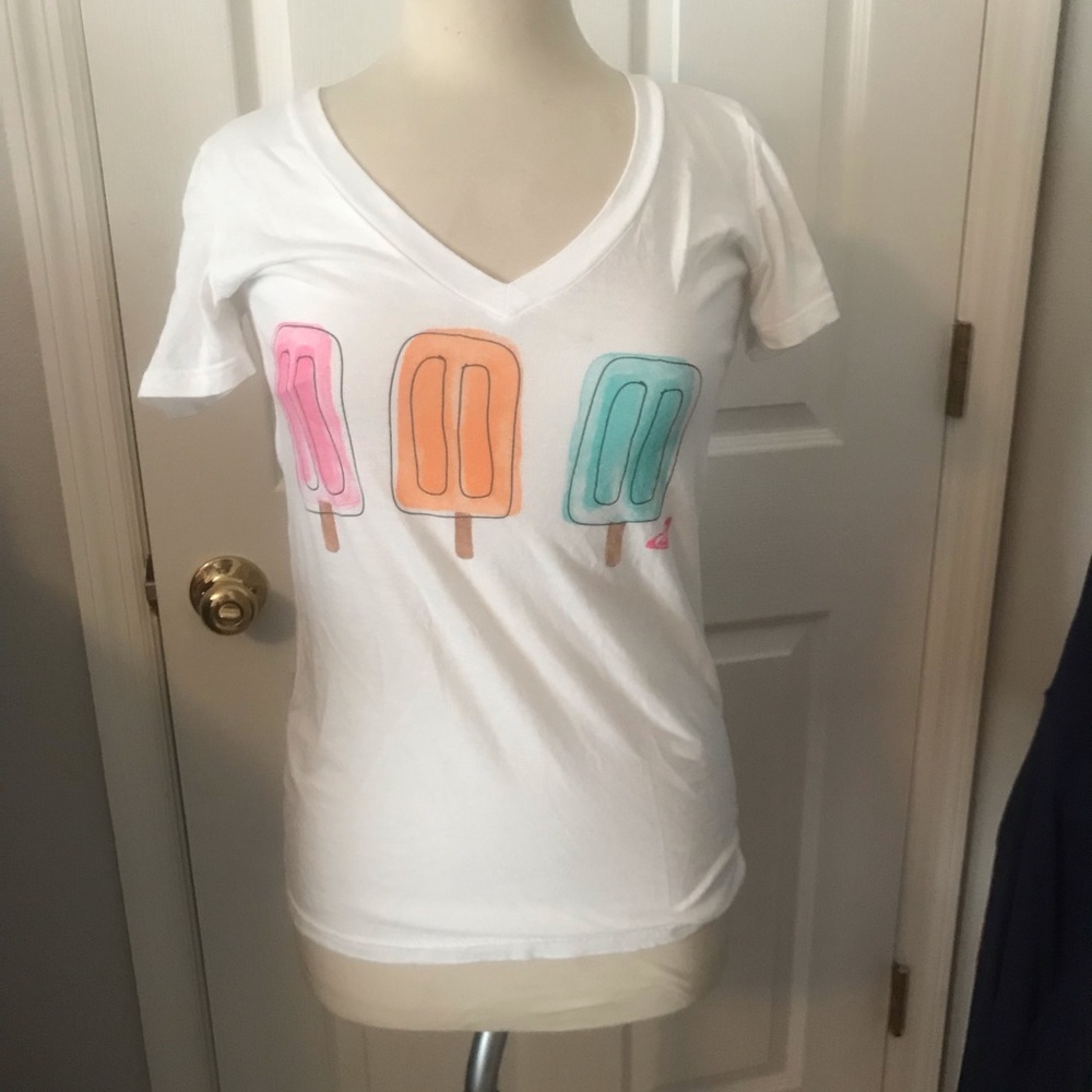 Roxy White V-Neck Tee with Pink, Orange & Aqua Popsicle Graphics